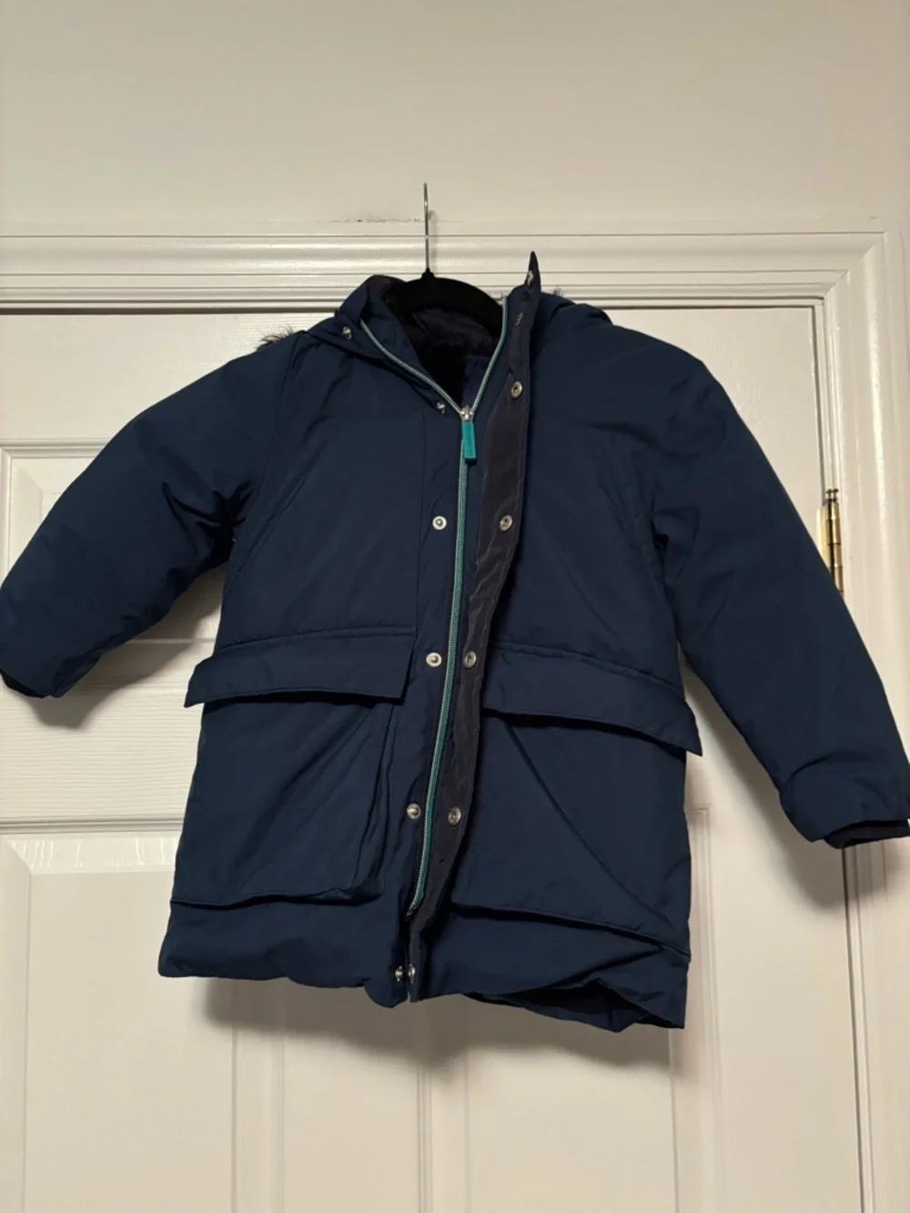 Jacadi Paris Boys Long Down Jacket Navy Blue Coat Faux Fur Hood Size 4